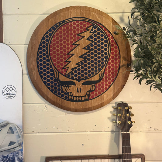 Wine Barrel Head - Hand Painted Grateful Dead - Steal Your Face (pattern)