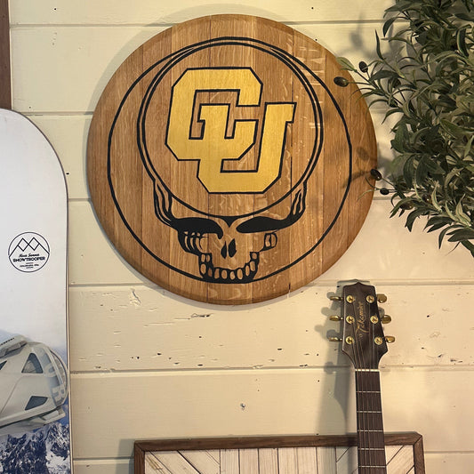 Wine Barrel Head - Hand Painted Grateful Dead - Steal Your Face CU Boulder