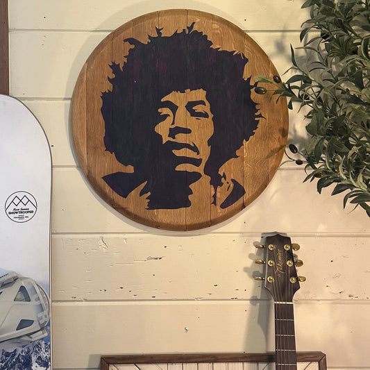 Wine Barrel Head - Hand Painted Jimi Hendrix - Purple/Green