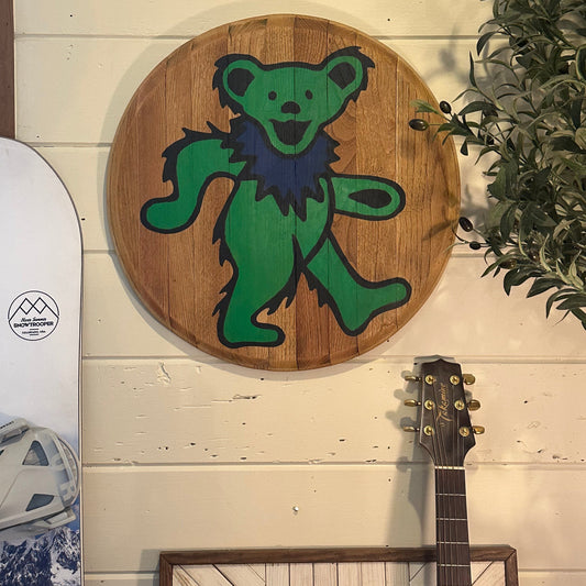 Wine Barrel Head - Hand Painted Grateful Dead Dancing Bear - Green