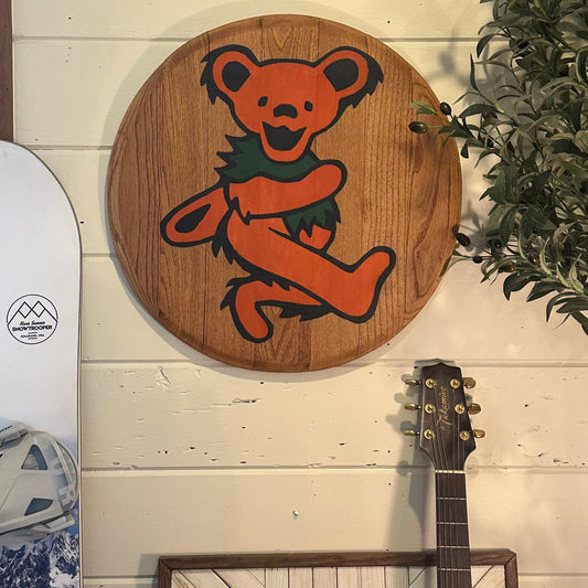 Wine Barrel Head - Hand Painted Grateful Dead Dancing Bear - Orange